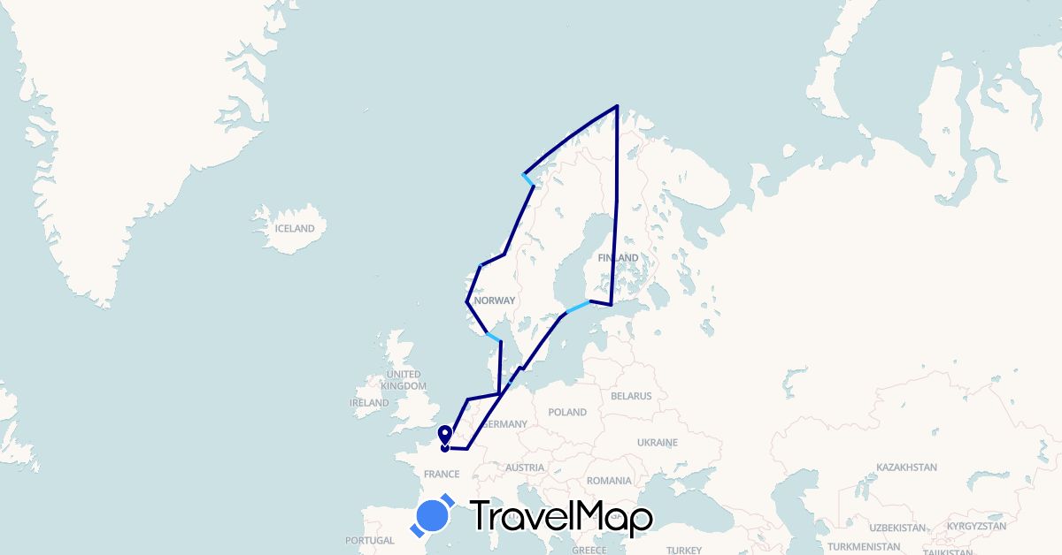 TravelMap itinerary: driving, boat in Germany, Denmark, Finland, France, Netherlands, Norway, Sweden (Europe)